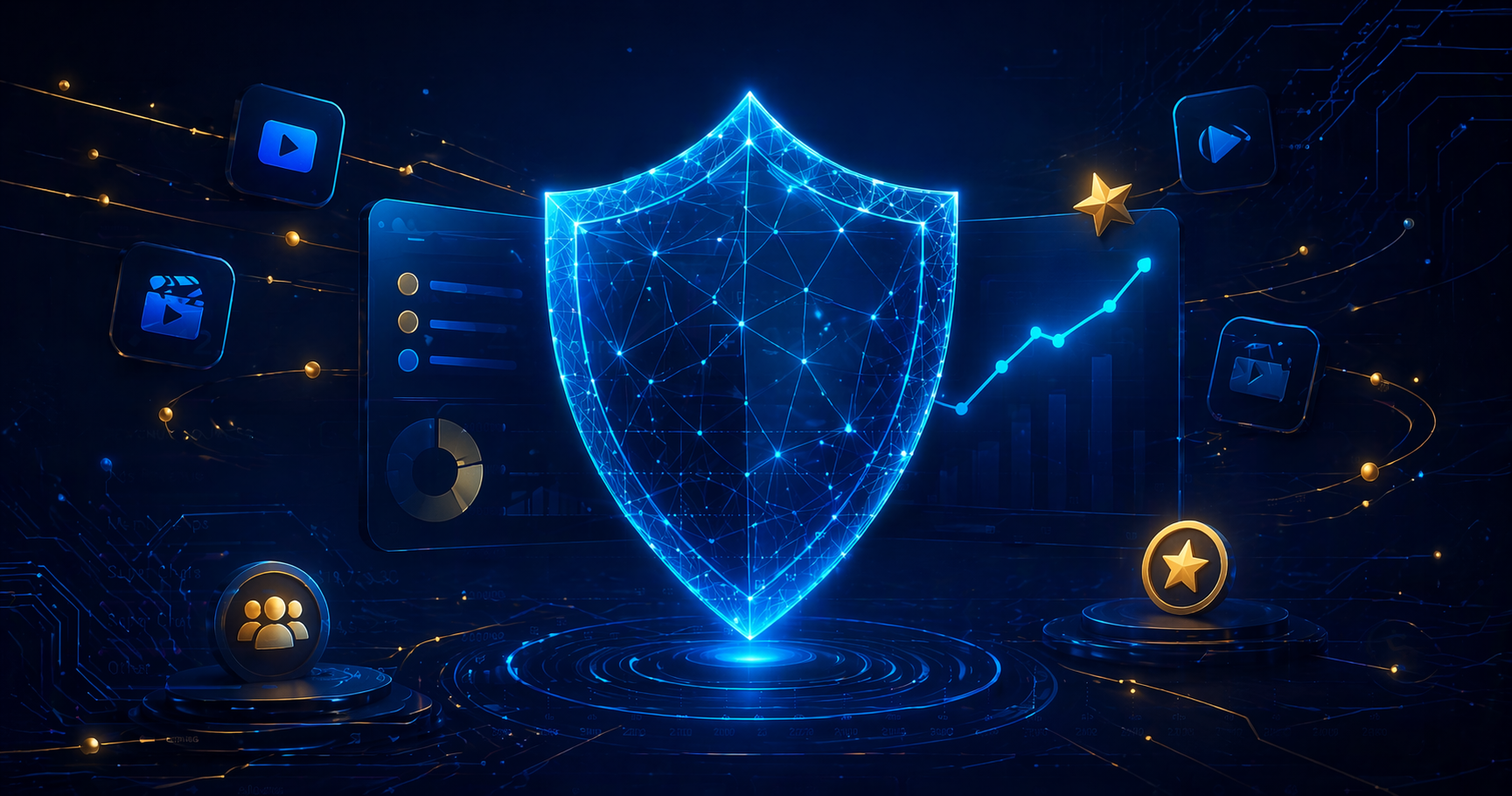 Programa de afiliados confiável representado por um escudo tecnológico com conexões em rede